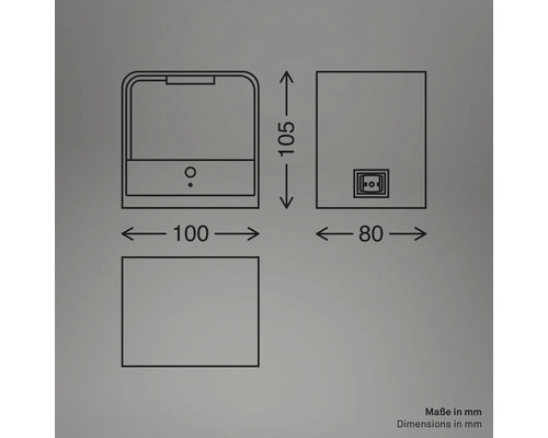 Teknisk ritning av en spegel med dimensioner i millimeter