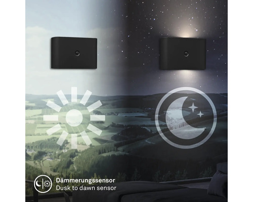 Två mörka vägglampor med skymningssensor i dag- och nattdesign
