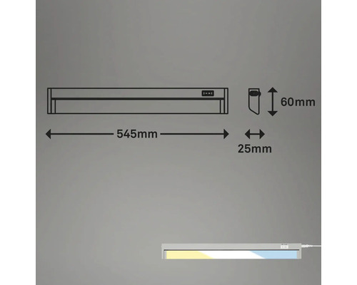 Teknisk ritning av en kökslampa, längd 545 mm