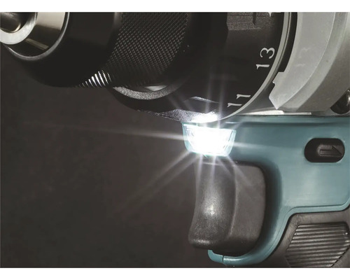 Närbild av en borrmaskin med LED-belysning.