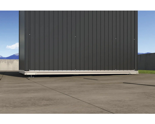 Metallträdgårdsskjul med aluminiumram på betonggolv