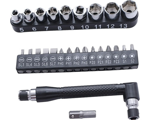 Hylsnyckelsats med diverse tillbehör och skruvmejselhandtag