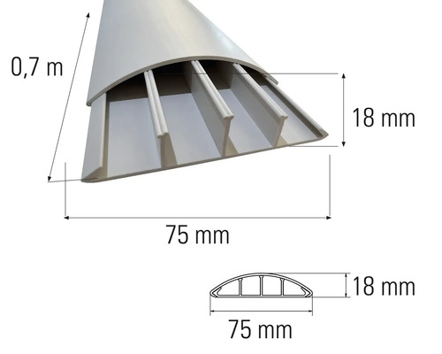 Kabelkanal med måtten 0,7 meter längd, 75 millimeter bredd och 18 millimeter höjd.