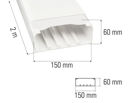 Bild av en kabelkanal med måtten 2 meter lång, 150 millimeter bred och 60 millimeter hög.