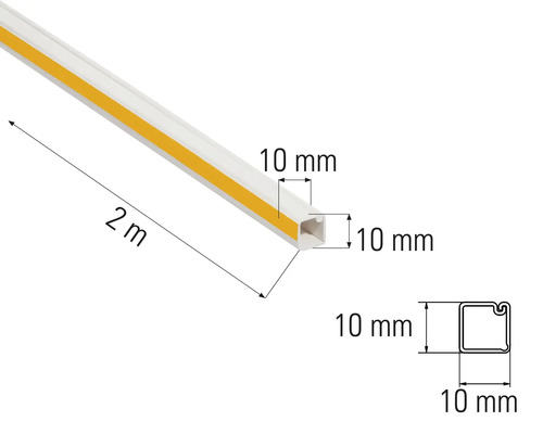 Två meter lång kabelkanal med måtten tio gånger tio millimeter.