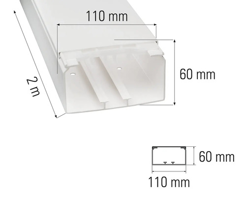 Installationskanal av plast, 2 meter lång, 110 millimeter bred och 60 millimeter hög