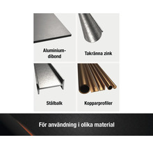 Aluminiumkompositpanel, hängränna i zink, stålbalk, kopparprofiler