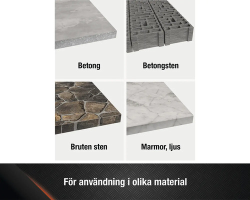 Produktöversikt av olika material: Betong, betongsten, bruten sten och ljus marmor.