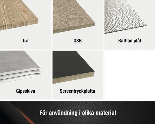 Översikt över olika byggmaterial: trä, OSB-skiva, räfflad plåt, gipsskiva, screentryckplatta