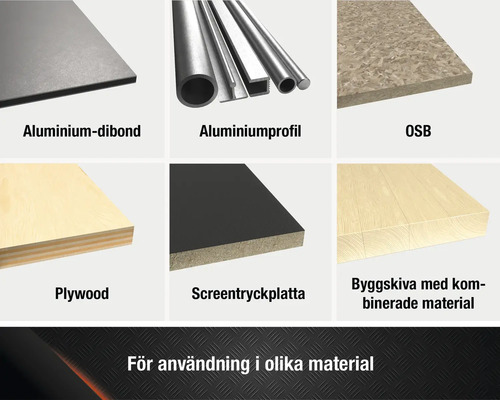 Materialöversikt: aluminiumdibond, aluminiumprofil, OSB-skiva, plywood, screentryckplatta, byggskiva med kombinerade material