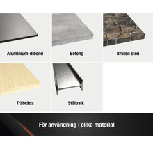 Urval av olika material: aluminiumdibond, betong, brutet sten, träbräda och stålbalk.