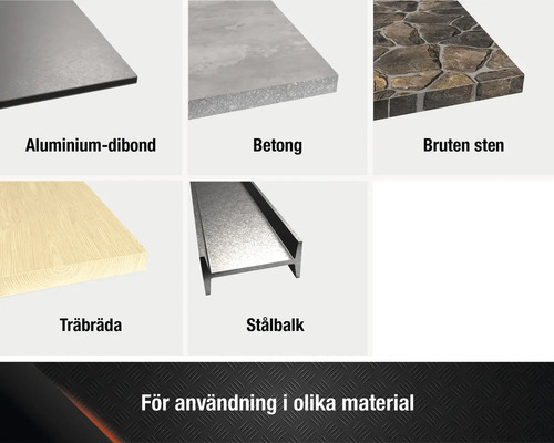 Urval av olika material: aluminiumdibond, betong, brutet sten, träbräda och stålbalk.