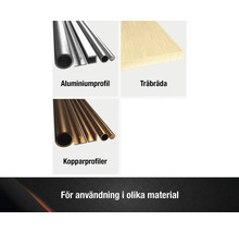 Urval av olika material: aluminiumprofiler, träbräda och kopparprofiler.