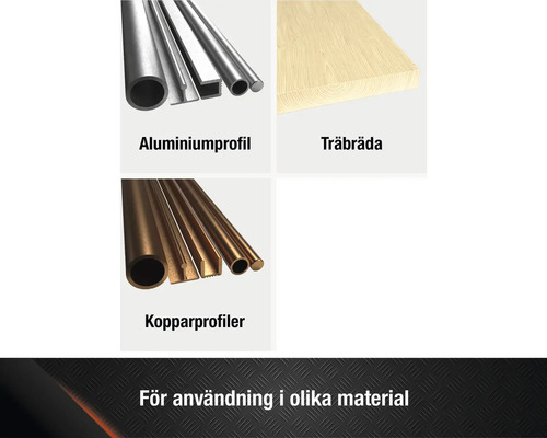 Urval av olika material: aluminiumprofiler, träbräda och kopparprofiler.