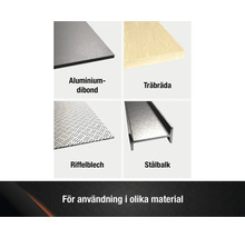 Urval av olika material: aluminiumdibondplatta, träplanka, durkplåt och stålbalk.