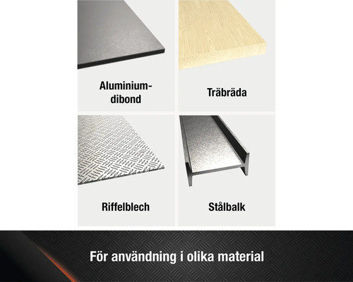Urval av olika material: aluminiumdibondplatta, träplanka, durkplåt och stålbalk.