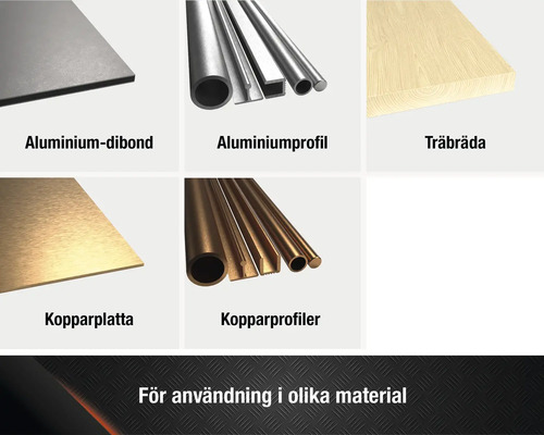 Urval av material: aluminiumdibond, aluminiumprofil, träplatta, kopparplatta, kopparprofiler.