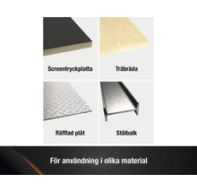 Översikt över olika material: screentryckplatta, träbräda, räfflad plåt och stålbalk.