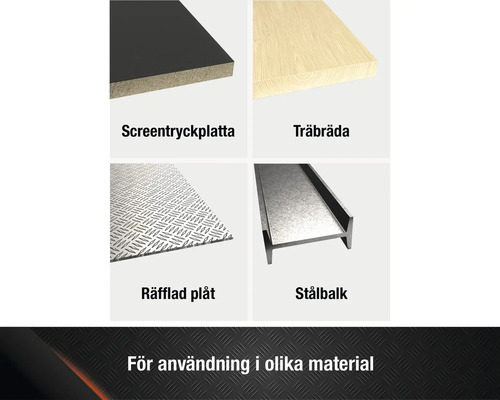 Översikt över olika material: screentryckplatta, träbräda, räfflad plåt och stålbalk.