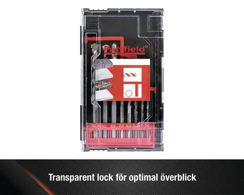 Pattfield stenborrsats med olika storlekar i transparent låda