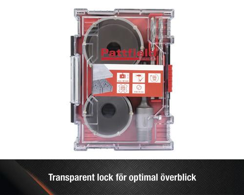 Pattfield hålsågsset i transparent förvaringslåda