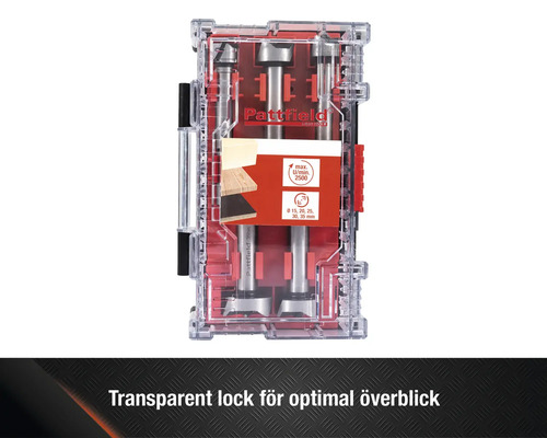 Forstnerborr set med olika borrstorlekar i förvaringslåda