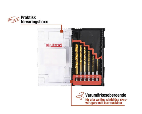 Borrsats med olika storlekar i förvaringsbox