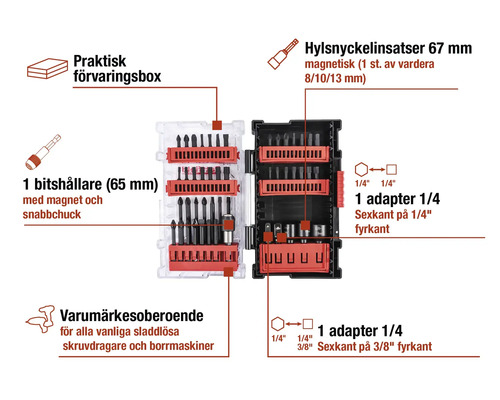 Borrar och bits set med förvaringsbox, magnetisk bitshållare, hylsnyckelinsatser och adaptrar