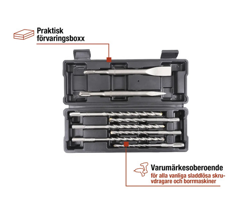 Borrsats med borrar och mejslar i förvaringslåda