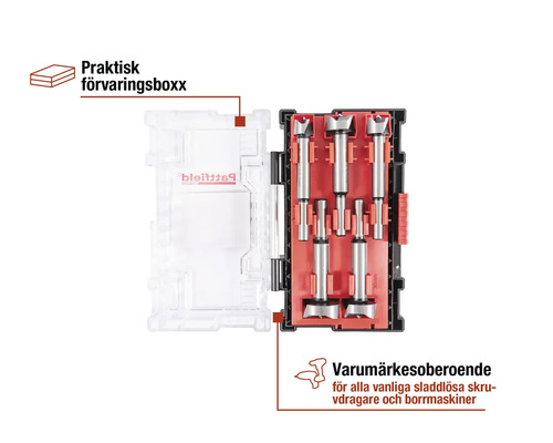 Forstnerborr set i förvaringslåda