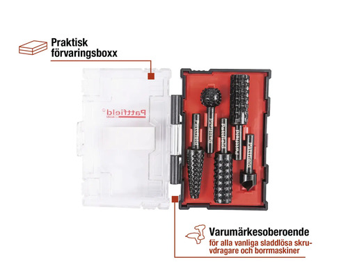 Pattfield multifunktionell verktygssats i förvaringslåda för sladdlösa skruvdragare och borrmaskiner