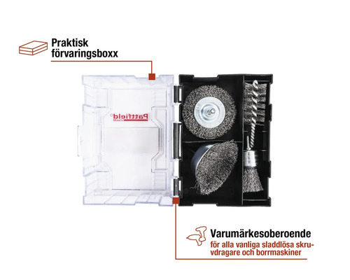 Stålborstar i förvaringslåda för borrmaskin och skruvdragare