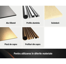 Olika material: aluminiumkompositplatta, aluminiumprofiler, träplanka, kopparplatta, kopparprofiler.