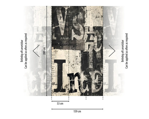 Tapet med tidningsmönster och måtten 280 cm x 159 cm