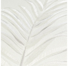 Närbild av en vit vinyltapet med palmbladmönster