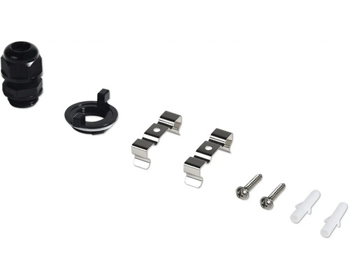 Tillbehör för lampmontage, inklusive kabelförskruvning, monteringsklämmor, skruvar och pluggar
