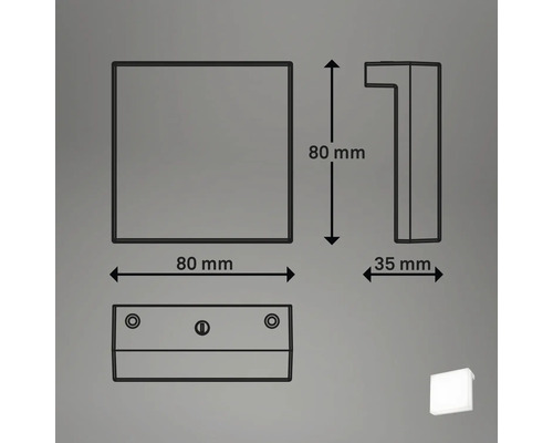 Teknisk ritning av en 80 mm x 80 mm stor och 35 mm djup lampa