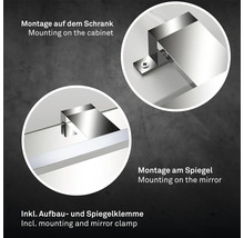 Detaljbild av spegel- och monteringsklämma för montering på skåp och spegel