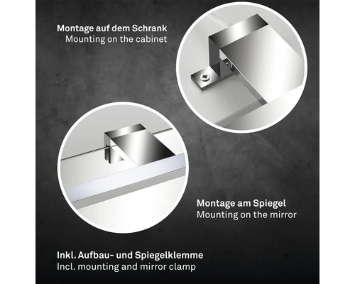 Detaljbild av spegel- och monteringsklämma för montering på skåp och spegel