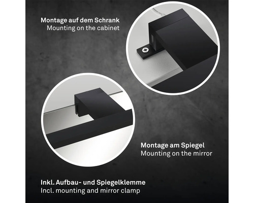 Monteringsalternativ för spegellampa: montering på skåp och spegel, inklusive monterings- och spegelklämma