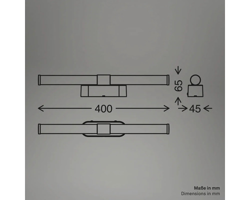 Teknisk ritning av en badrumslampa med mått i millimeter