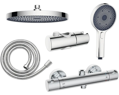 Duschset med takdusch, handdusch, duschslang och termostat
