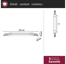 Teknisk ritning av en skåpupphängningsskena med måtten 227 cm längd och 18 mm bredd, inklusive 5 års garanti