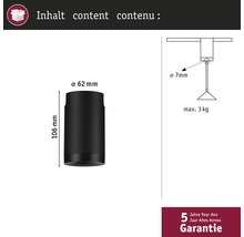 Mått och detaljer för en lampa med en diameter på 62 mm och en höjd på 106 mm, med en maximal belastning på 3 kg och 5 års garanti