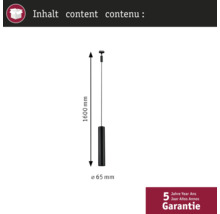 Mått på en hänglampa: 1600 millimeter lång, 65 millimeter i diameter och fem års garanti