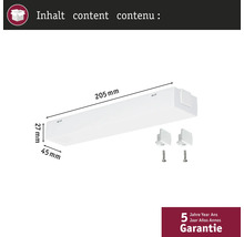 Innehåll: Bänkbelysning med måtten 205 mm x 45 mm x 27 mm och två fästklämmor med skruvar. Fem års garanti.