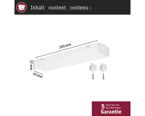 Innehåll: Bänkbelysning med måtten 205 mm x 45 mm x 27 mm och två fästklämmor med skruvar. Fem års garanti.