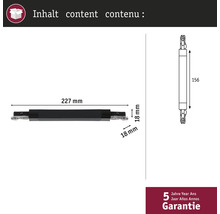 Teknisk ritning av en skåpskoppling med mått och 5 års garanti