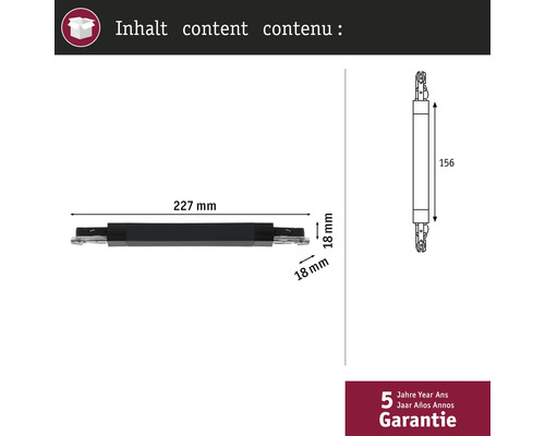 Teknisk ritning av en skåpskoppling med mått och 5 års garanti