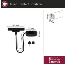 Produktinnehåll med måttangivelser och fem års garanti